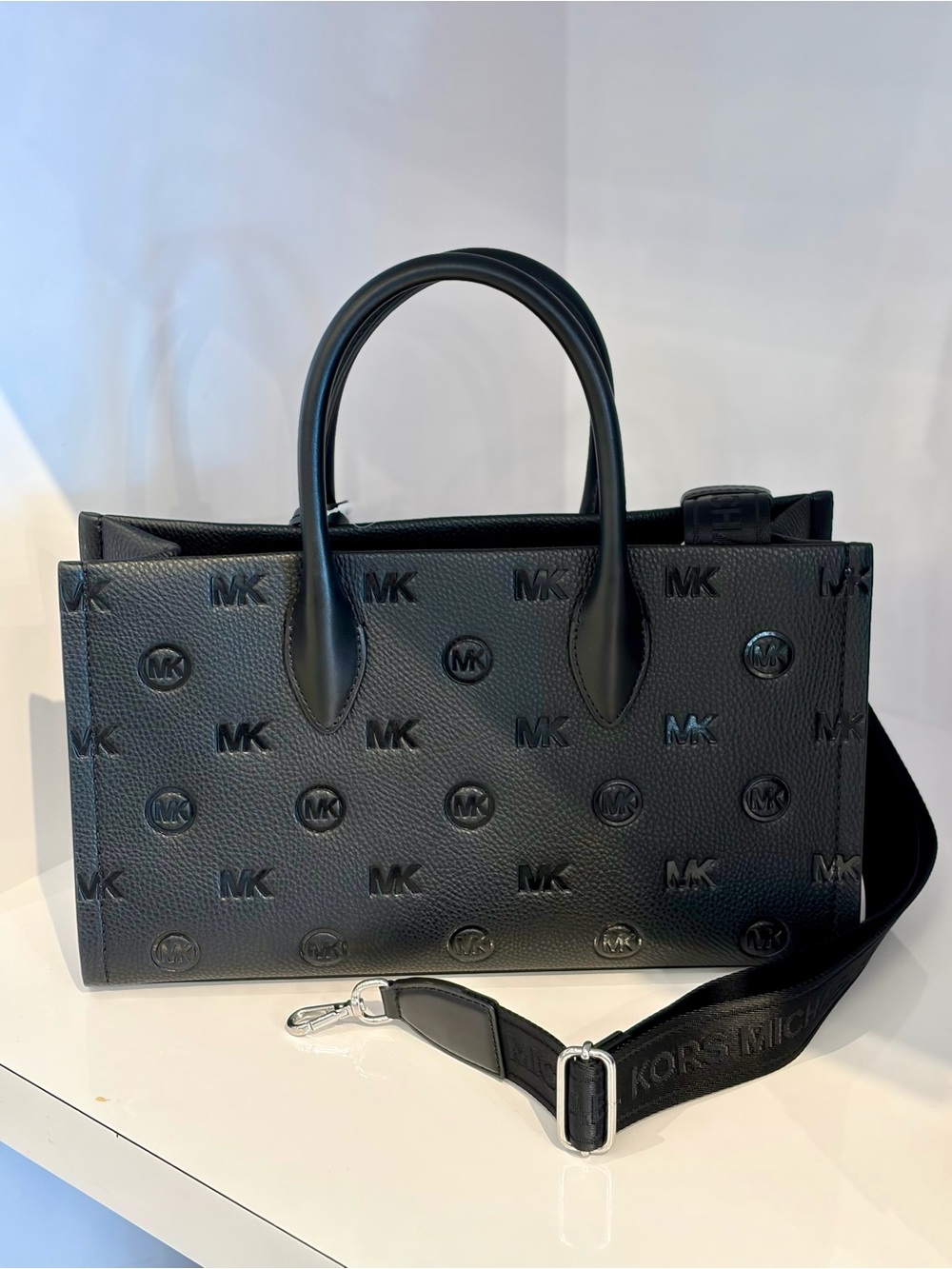 Michael Kors Mirella Medium Logo Debossed Satchel Crossbody Tote Black - Picture 4 of 15